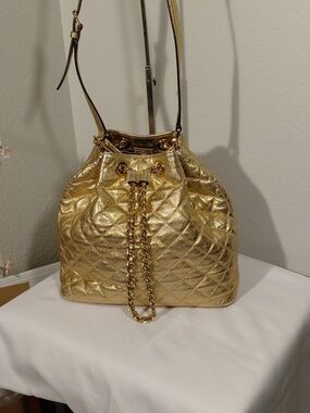 Gold MK Bucket Bag w/Chain Drawstring